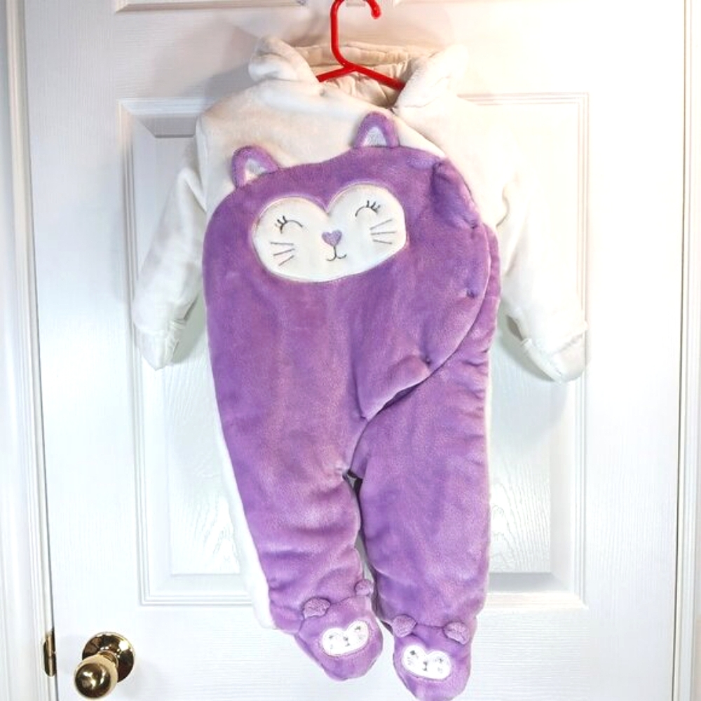 NWOT Koala Baby Girl Fleece Bunting Suit Cream Purple Cat Graphic Size 3-6M